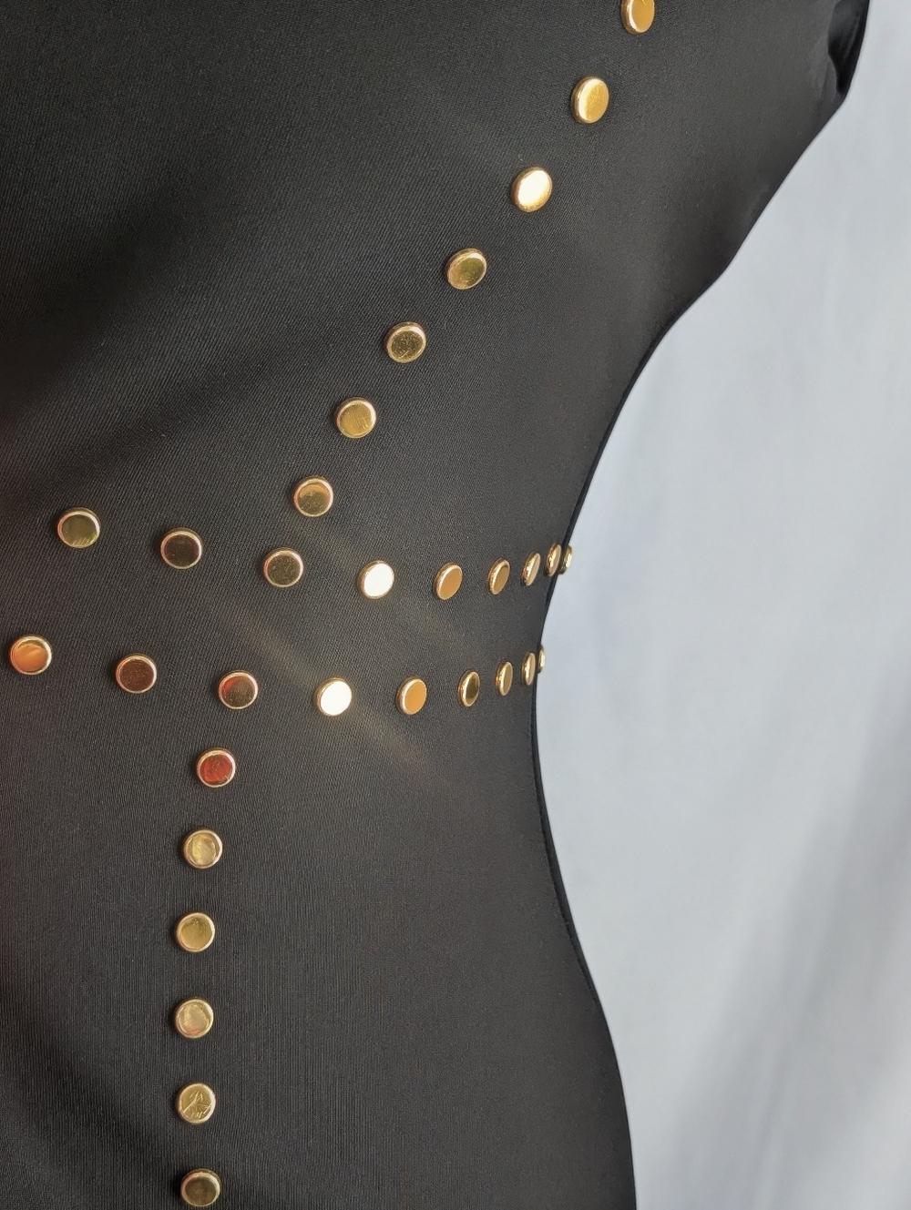 Calvin Klein Black Bodycon Dress Gold studded Hardware Sheath Cocktail Midi (2) - Picture 4 of 7